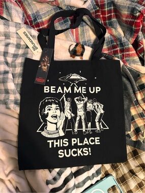 Stranger Things Beam Me Up Graphic Tote Bag - Black NWT